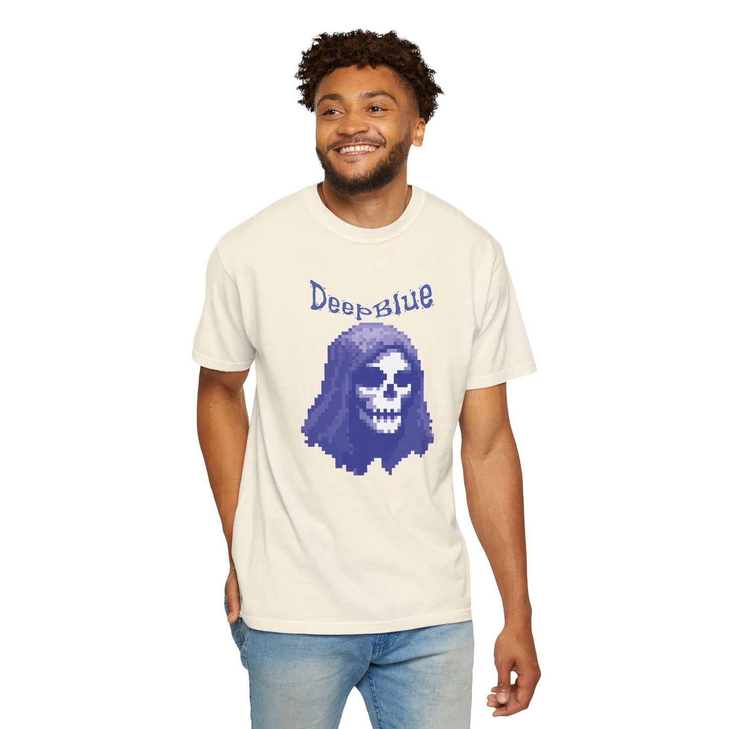 Deep Blue graphic tee worn by female model styled with cargo pants and boots
