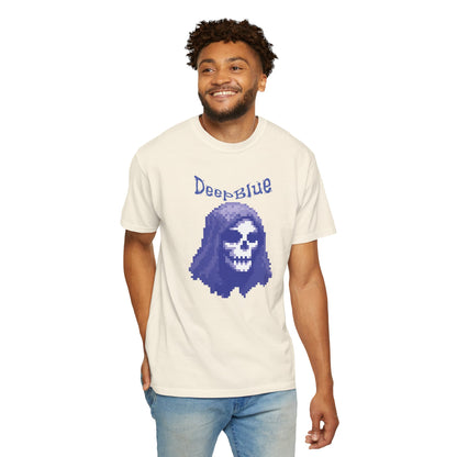 Deep Blue graphic tee worn by female model styled with cargo pants and boots
