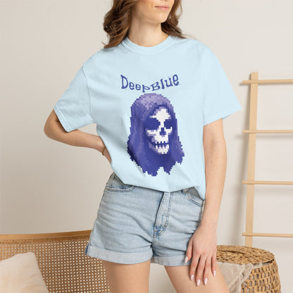 Deep Blue pirate graphic shirt hanging outdoors in coastal environment
