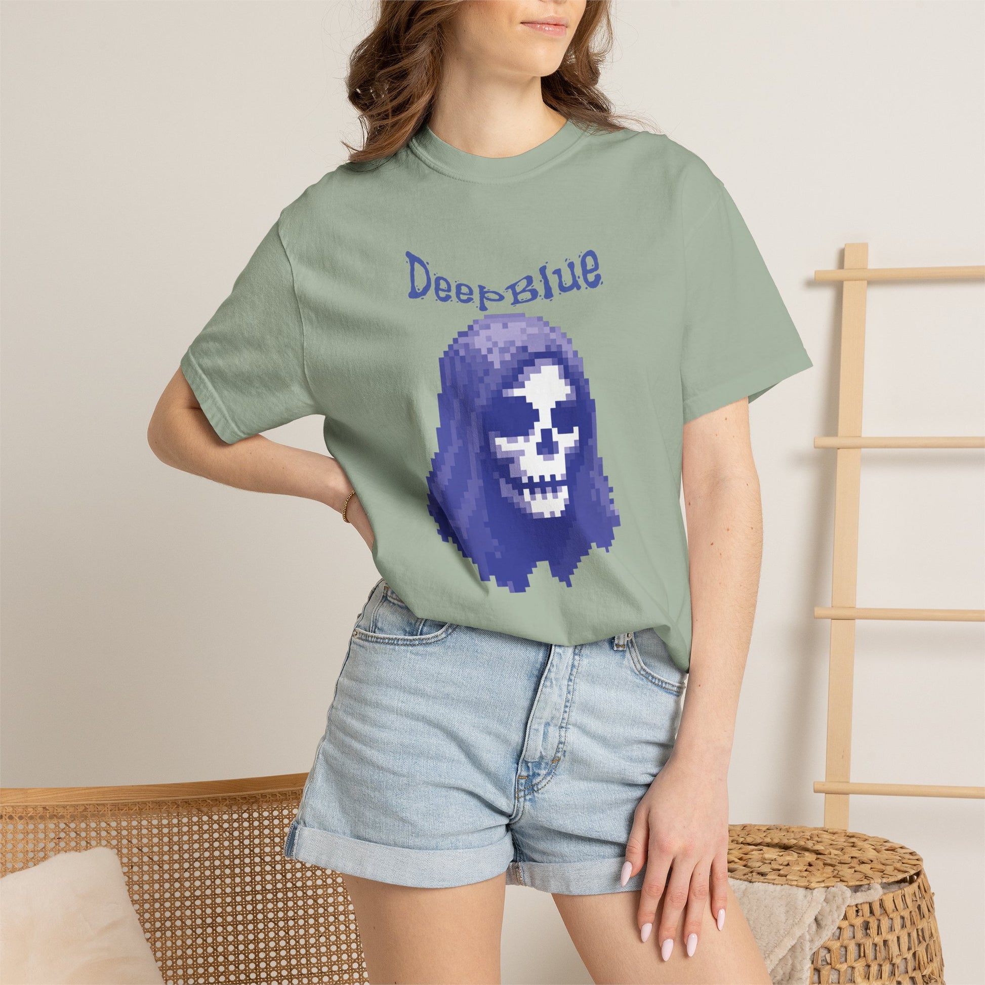 Deep Blue unisex graphic tee styled with dark denim and high-top sneakers
