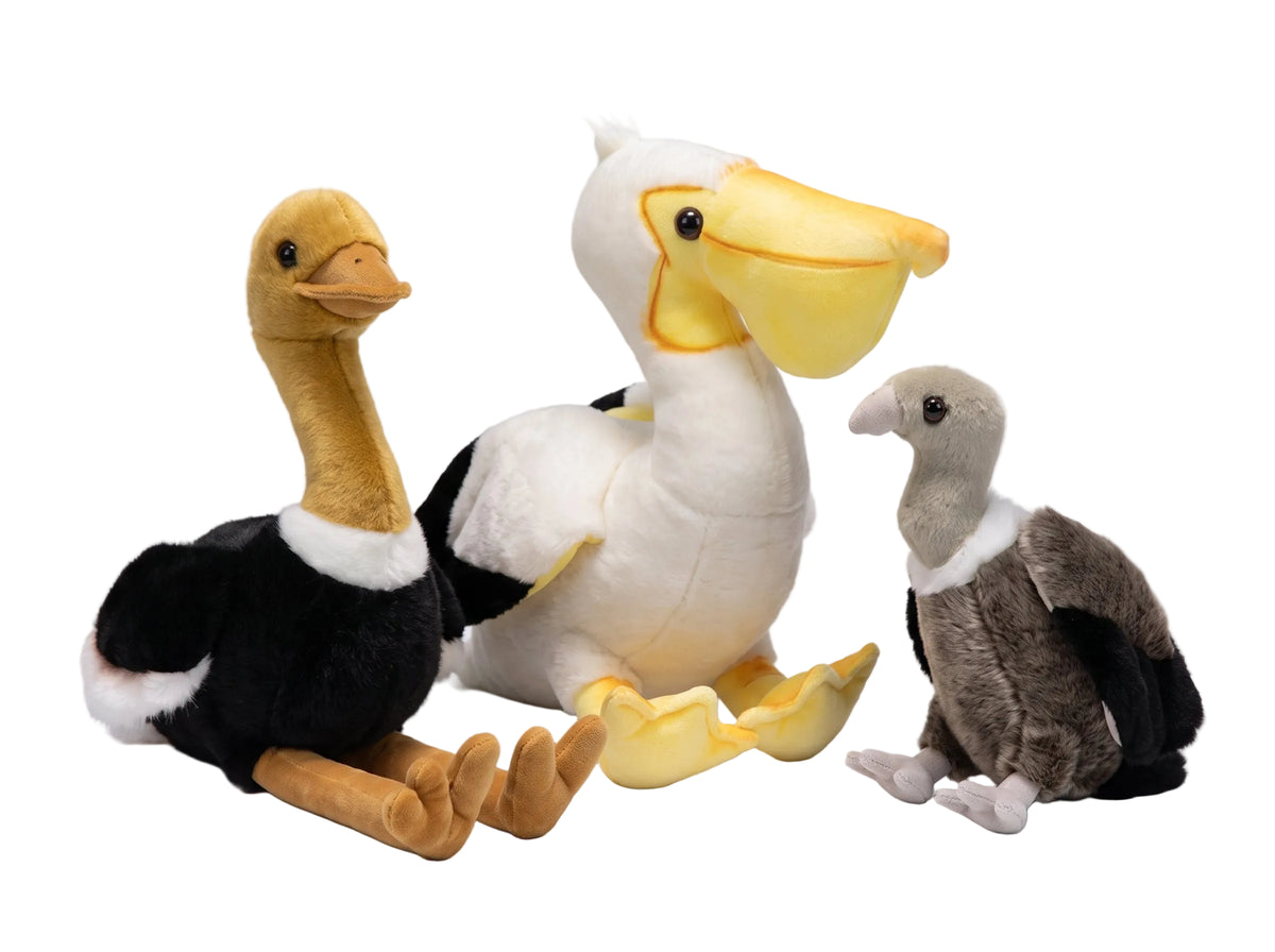 Derpy Bird handmade plushies collection featuring pelican plush, ostrich stuffed animal and vulture plushie