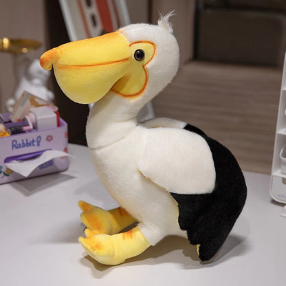 Derpy bird plushies trio arranged as plush collectibles display on a bedroom shelf