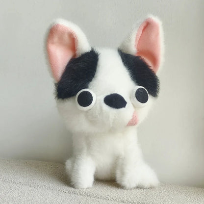 Derpy dog plush beige and yellow chihuahua quirky stuffed animal shelf display