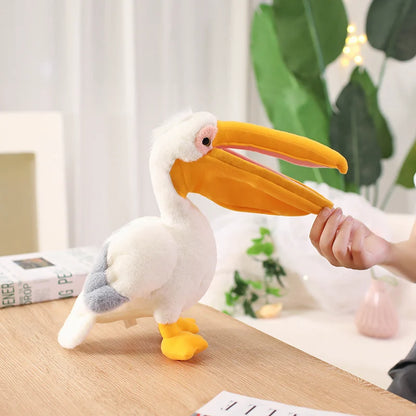 Derpy pelican plush toy sitting upright, 30cm quirky bird plush close-up