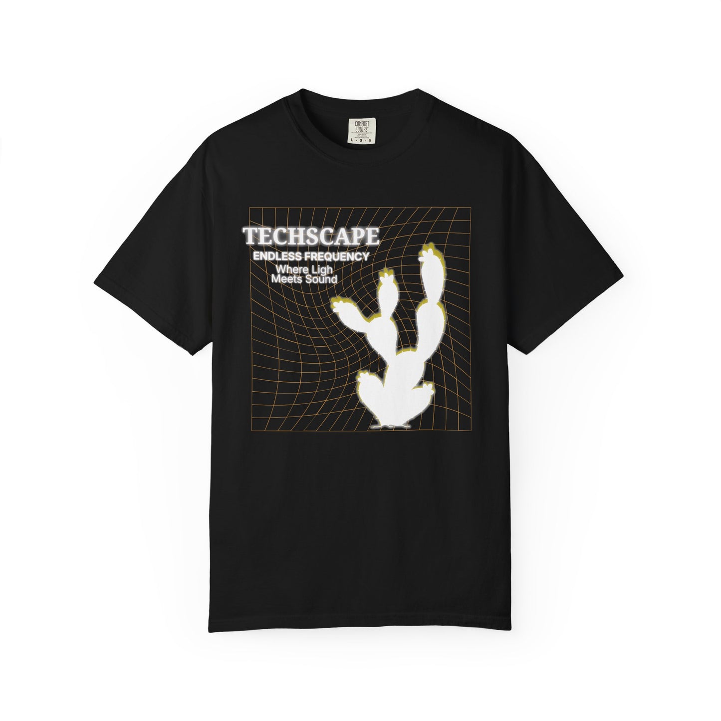 Desert rave apparel flatlay showing Techscape minimalist geometry shirt design detail