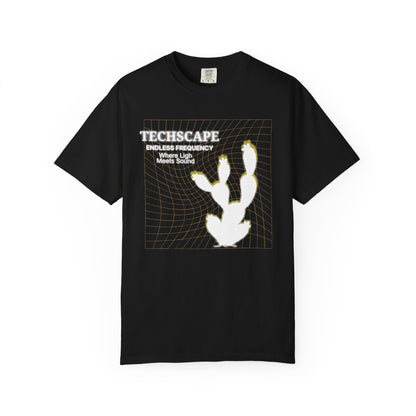 Desert rave apparel flatlay showing Techscape minimalist geometry shirt design detail