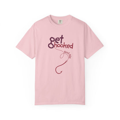 Detail shot of the funny fishing apparel typography and hand-drawn script.