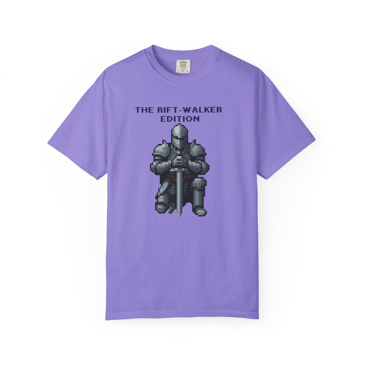 Detail shot of the glitch-text typography overlay on the Rift-Walker Edition fantasy tee
