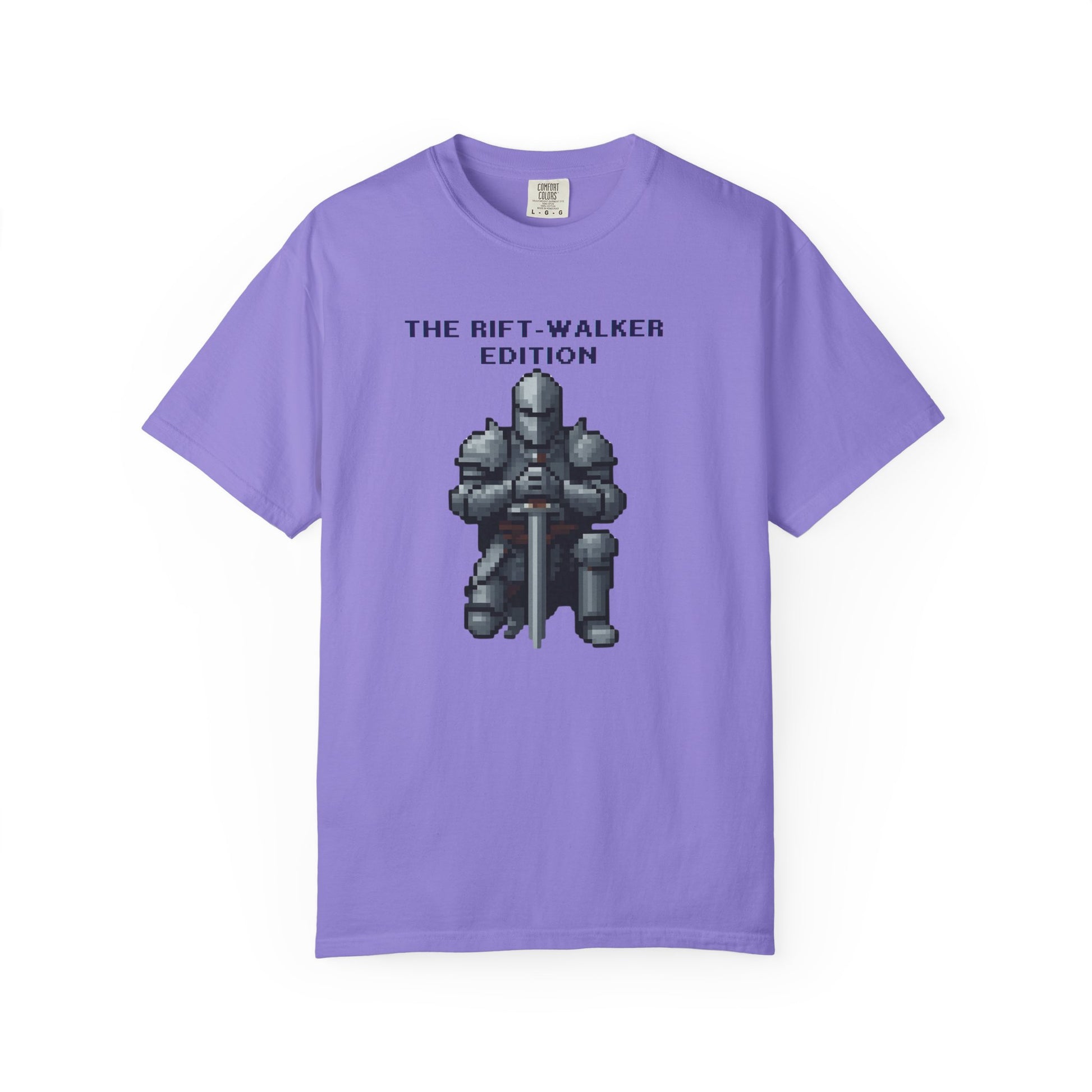 Detail shot of the glitch-text typography overlay on the Rift-Walker Edition fantasy tee
