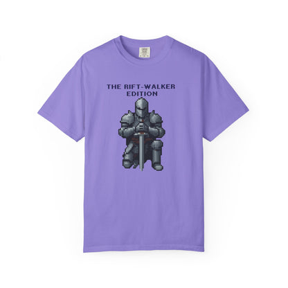 Detail shot of the glitch-text typography overlay on the Rift-Walker Edition fantasy tee
