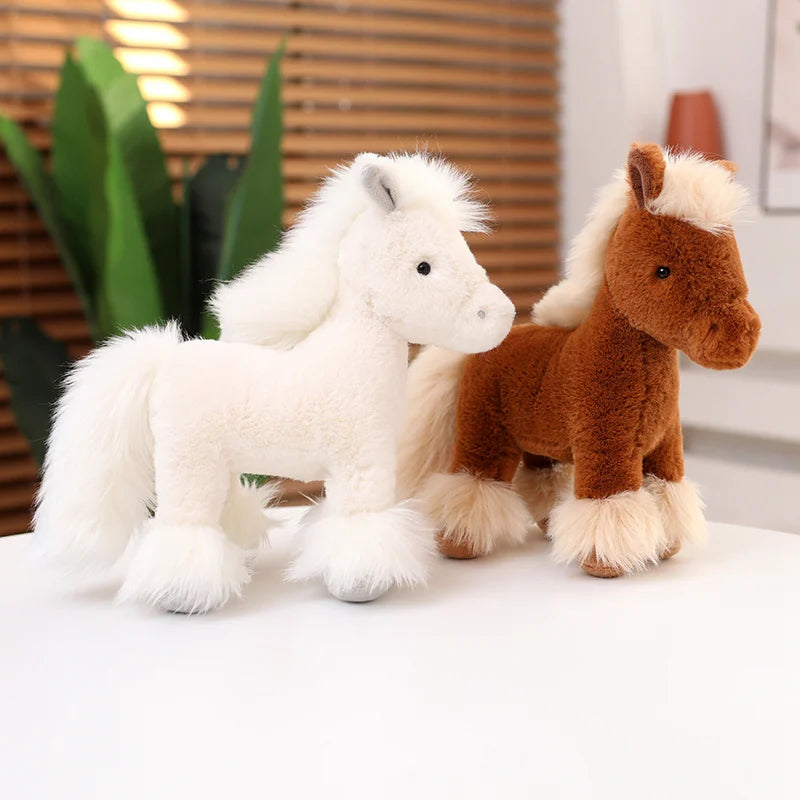 Detail shot of the thick winter coat texture on the brown and white pony toy