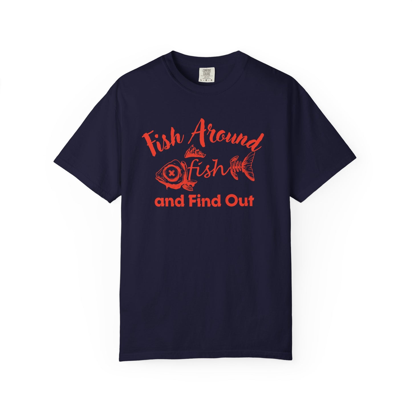 Detail view of Fish Around and Find Out fishing humor shirt graphic with intricate fish illustrations