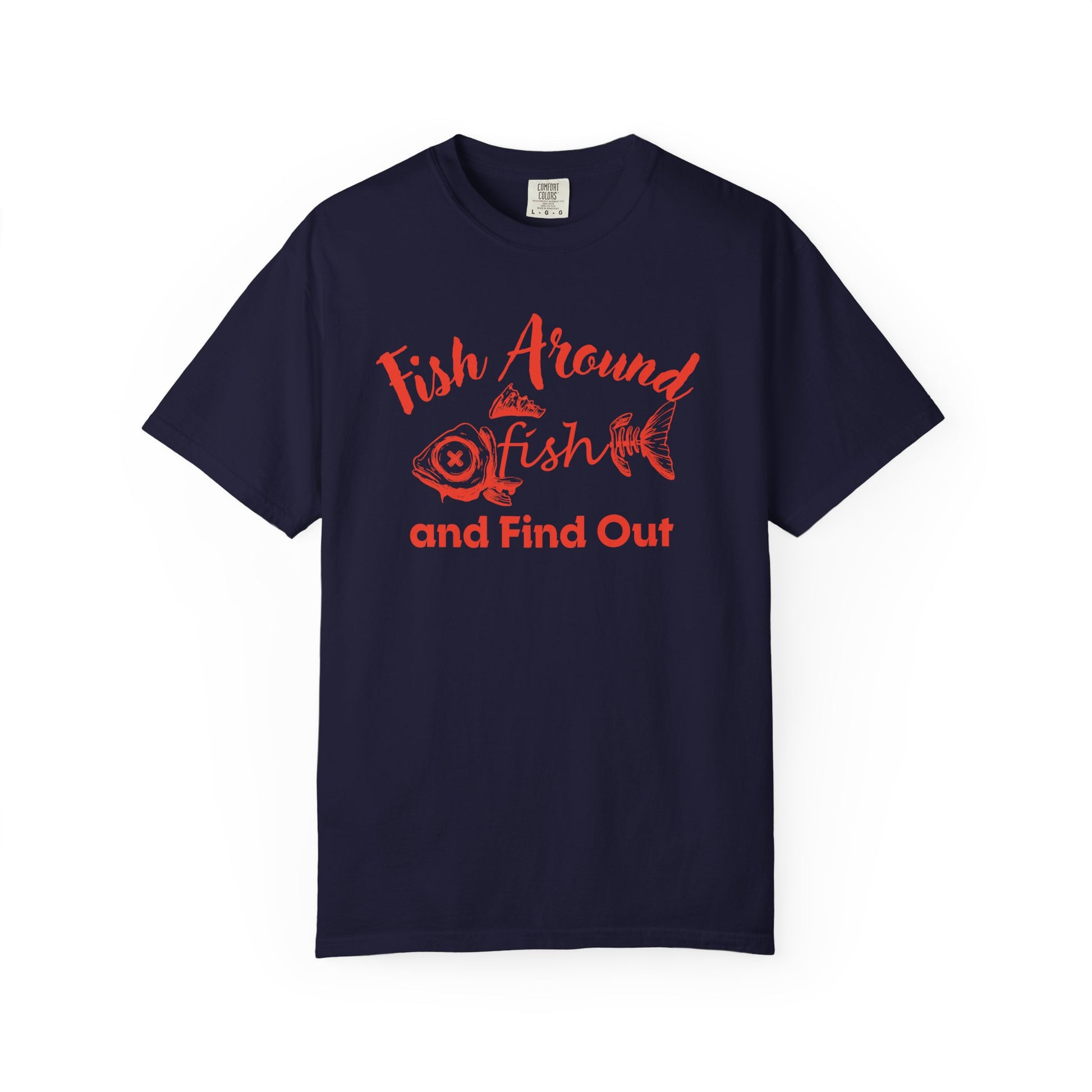 Detail view of Fish Around and Find Out fishing humor shirt graphic with intricate fish illustrations
