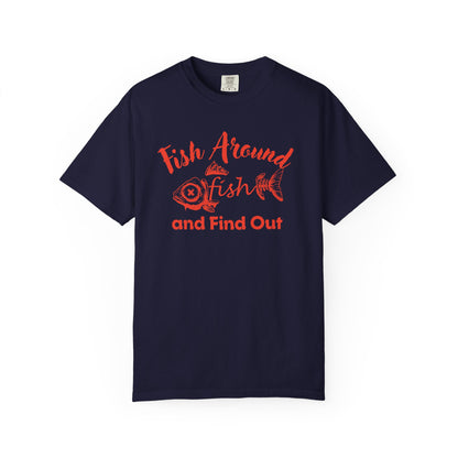 Detail view of Fish Around and Find Out fishing humor shirt graphic with intricate fish illustrations