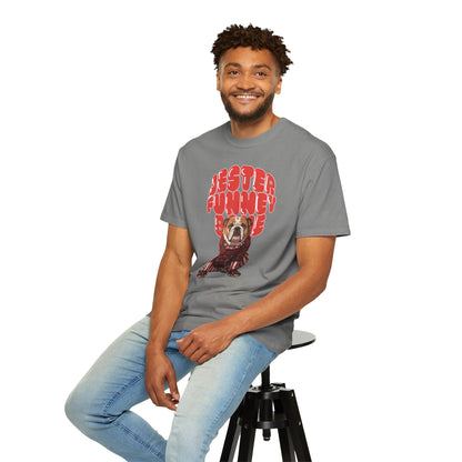 Detailed front print of a bulldog jester character on a casual fit tee.