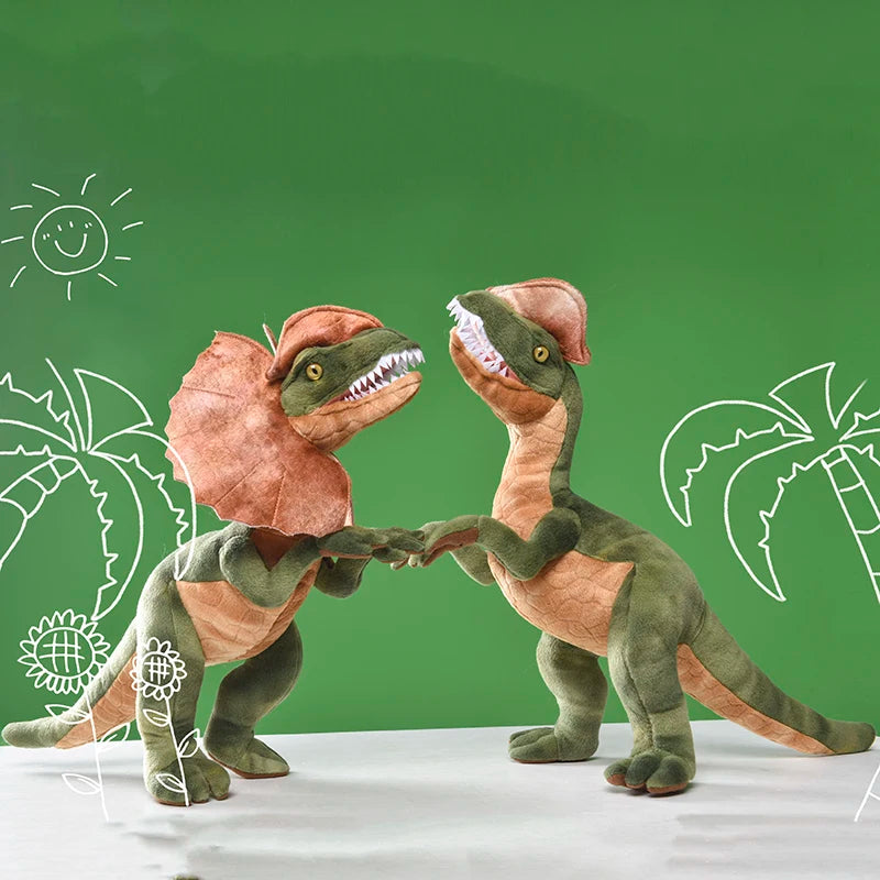 Dilophosaurus plush close up showing twin skull crests detail