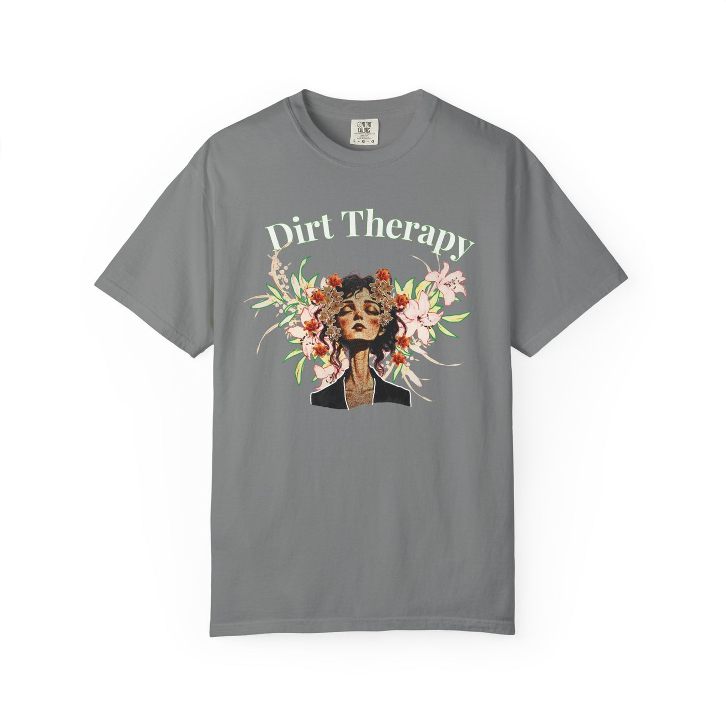 Dirt Therapy cottagecore graphic tee worn with linen trousers in garden setting