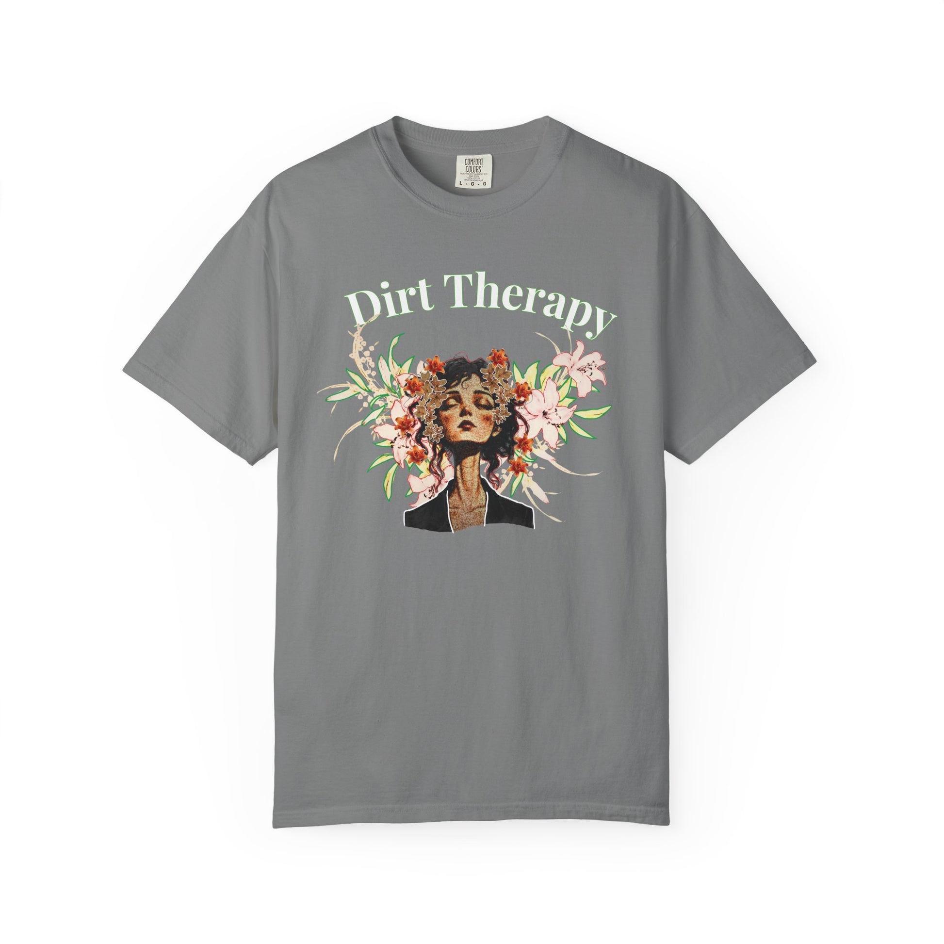 Dirt Therapy cottagecore graphic tee worn with linen trousers in garden setting
