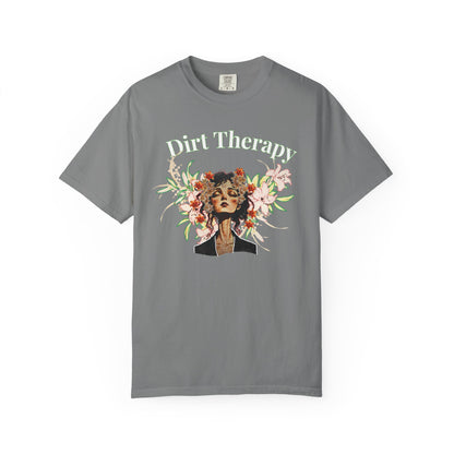 Dirt Therapy cottagecore graphic tee worn with linen trousers in garden setting