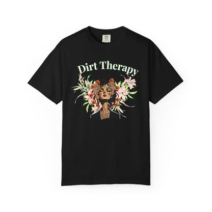 Dirt Therapy healing floral tee with botanical woman portrait and blossom crown graphic