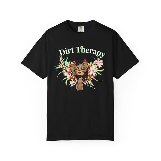 Dirt Therapy healing floral tee with botanical woman portrait and blossom crown graphic