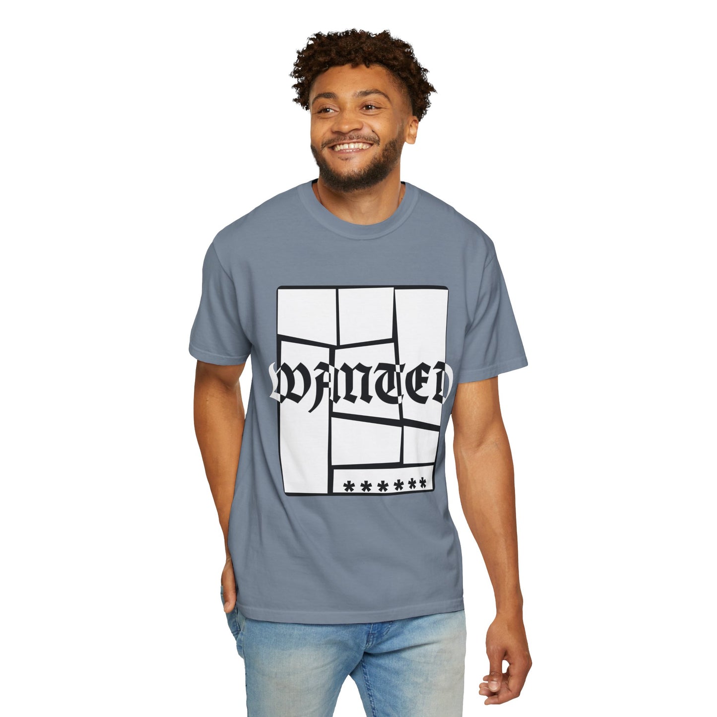 Distorted Old English WANTED print on heavyweight navy streetwear tee