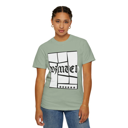 Distorted WANTED print streetwear tee on navy garment dyed base