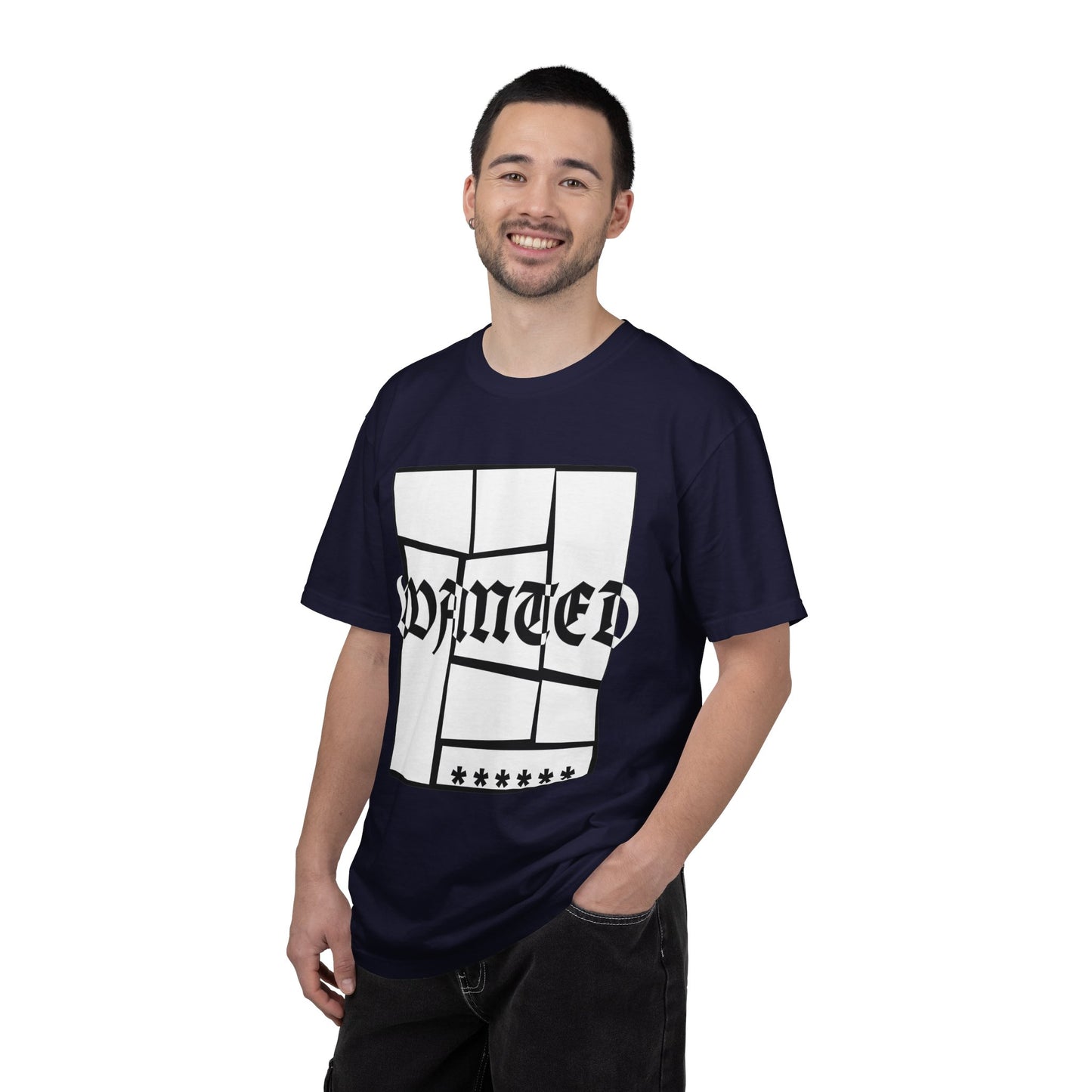 Distorted typography navy tee with bold WANTED poster chest graphic