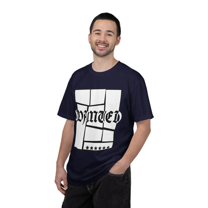 Distorted typography navy tee with bold WANTED poster chest graphic
