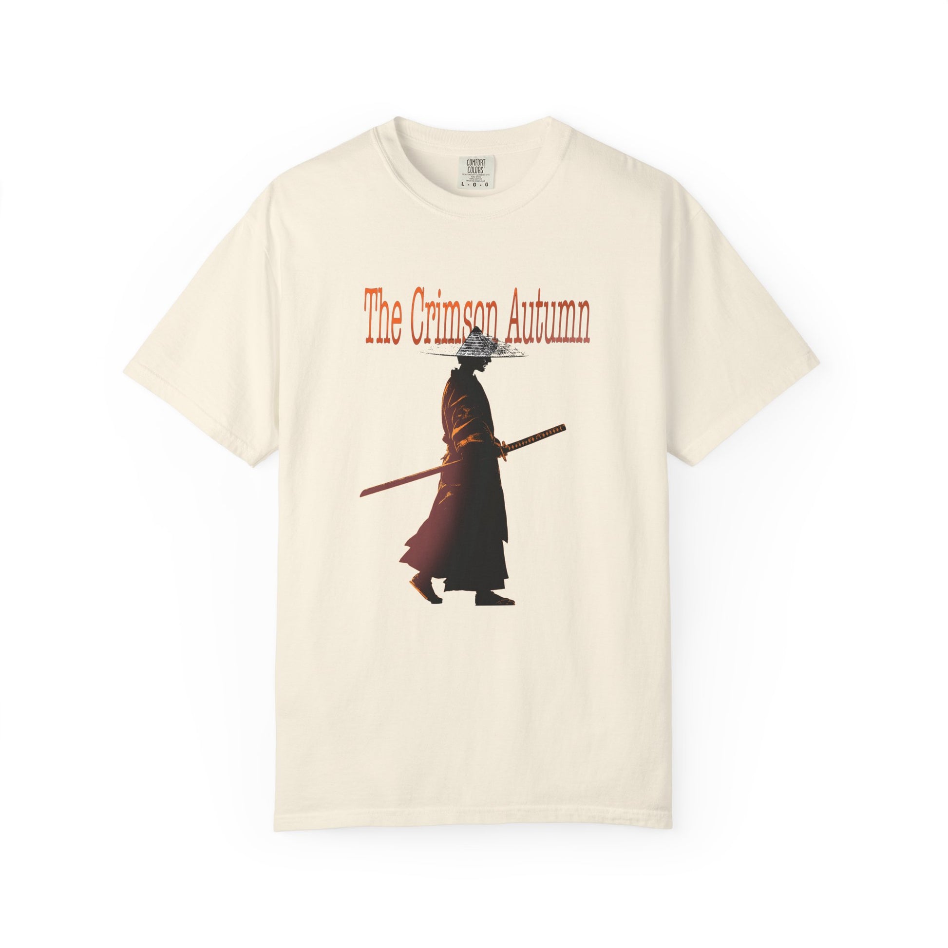 Distressed samurai shirt featuring a fall toned Japanese warrior print
