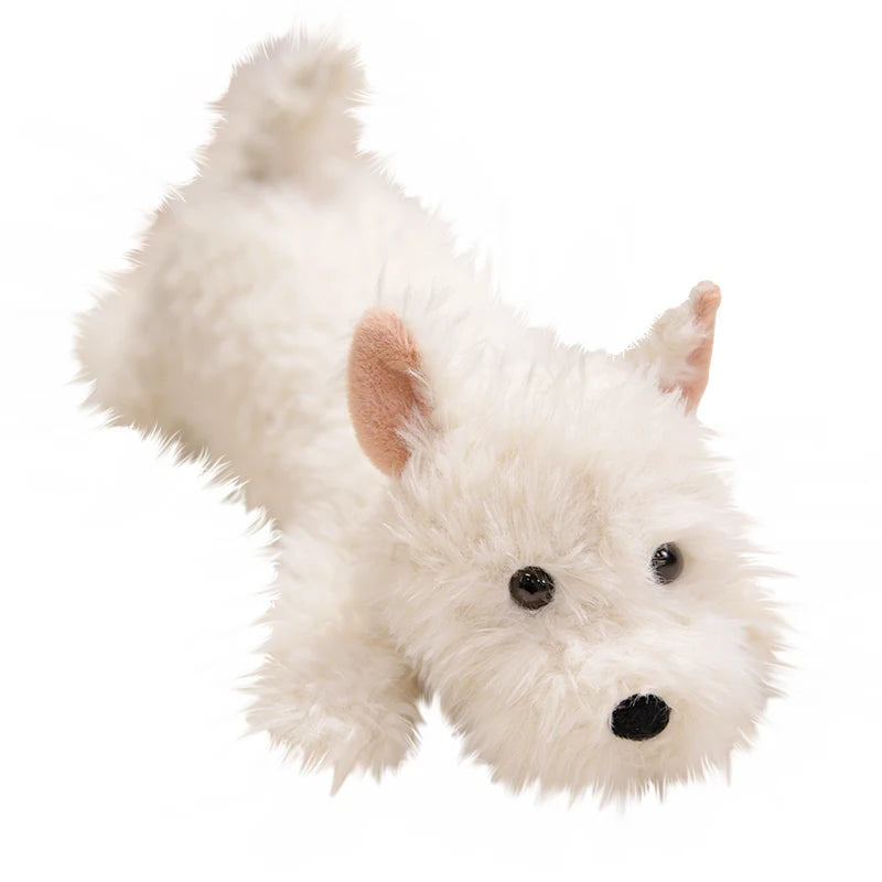 Dog body pillow in Westie design, 65cm size shown from side angle