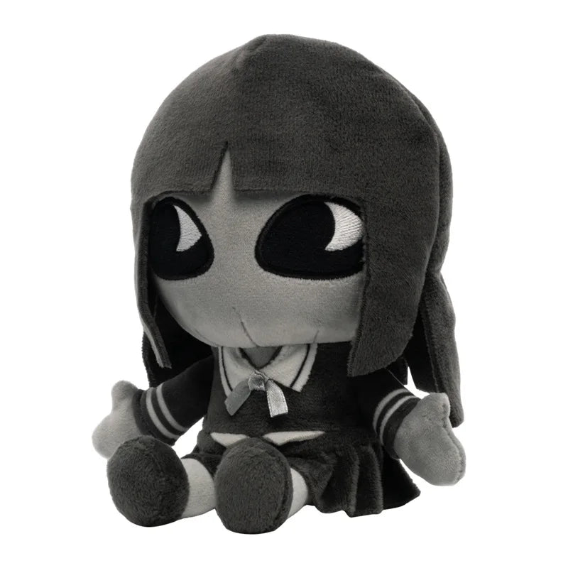 Dolly toy from a viral online horror game, monochrome character design, soft cotton