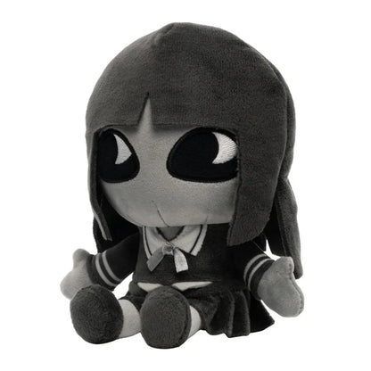 Dolly toy from a viral online horror game, monochrome character design, soft cotton