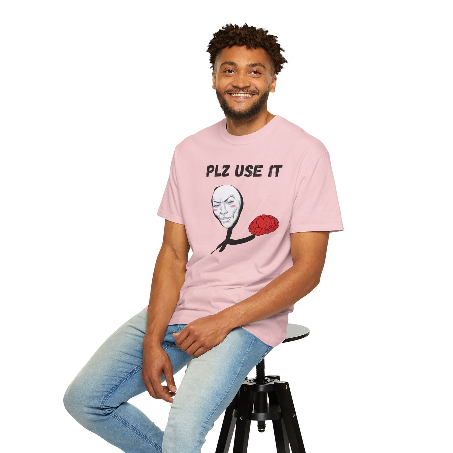 Double-needle stitched cotton tee with cheeky exposed brain front graphic