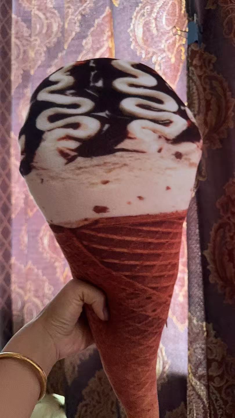 Double chocolate fudge ice cream cone plush, deep brown realistic soft toy cushion