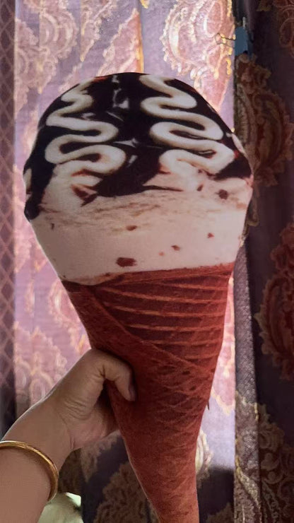 Double chocolate fudge ice cream cone plush, deep brown realistic soft toy cushion