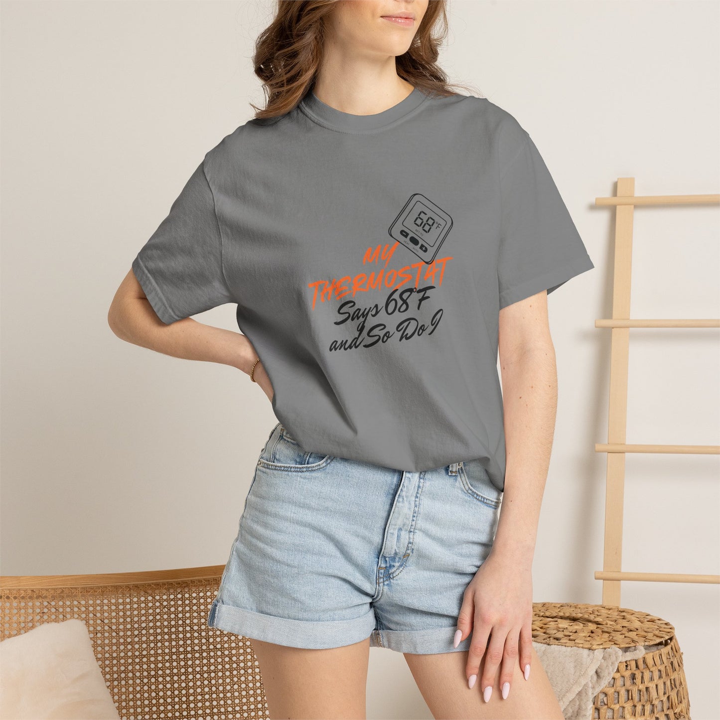 Double needle stitched hem detail on funny thermostat tee sleeve
