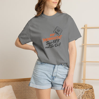 Double needle stitched hem detail on funny thermostat tee sleeve
