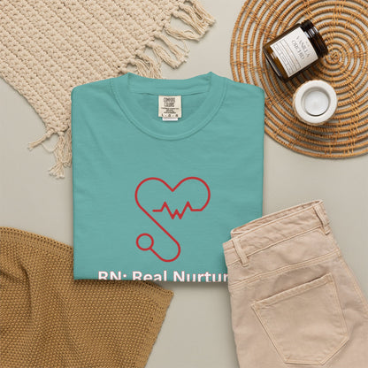 Double shift nursing shirt with stethoscope graphic and heartbeat slogan