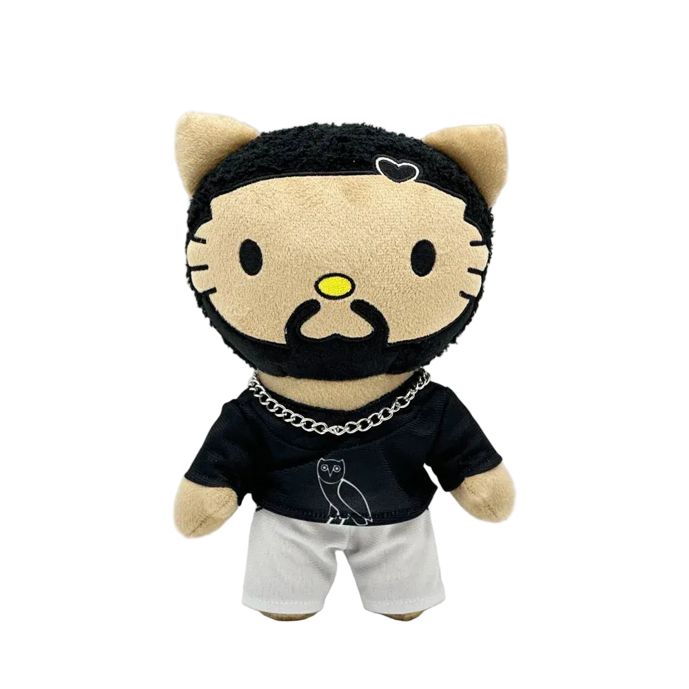 Drake Hello Kitty plush doll sitting on a shelf.