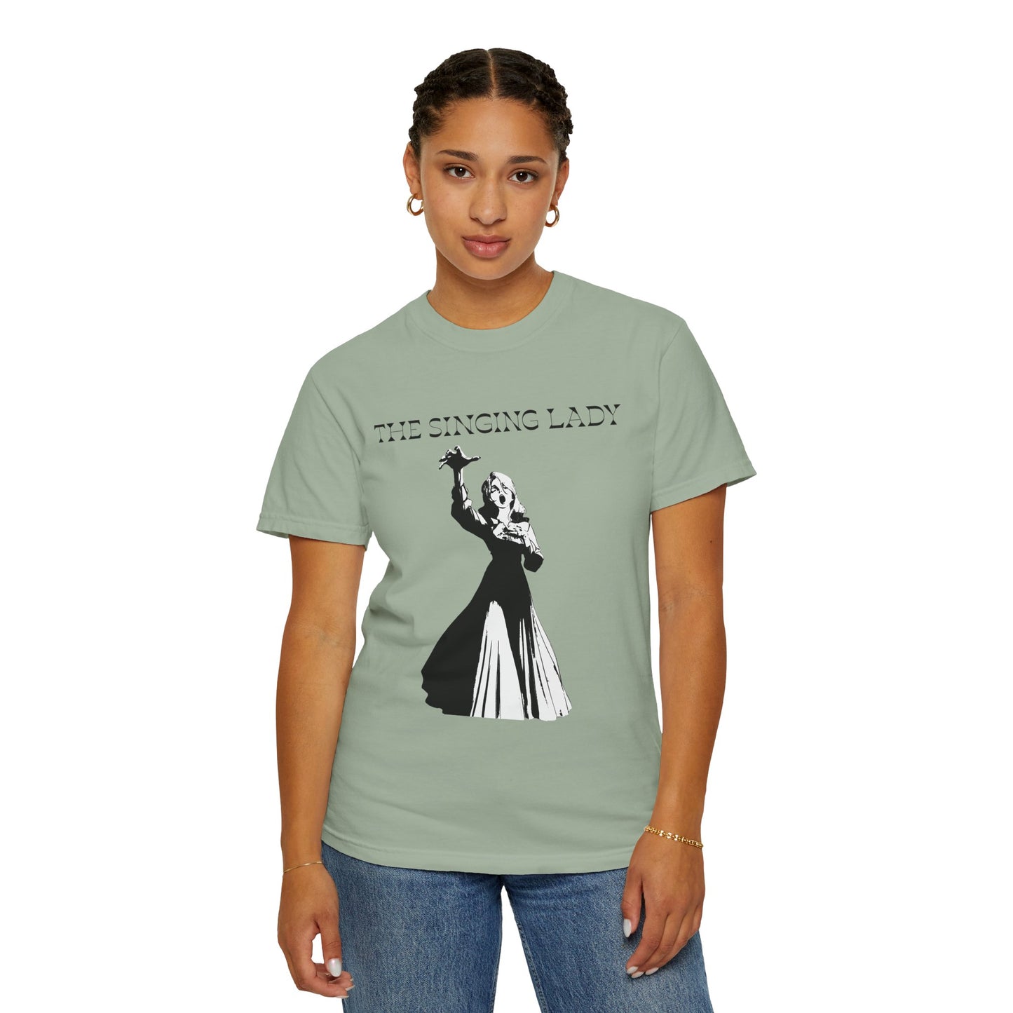Dramatic silhouette tee on a model styled for a night out
