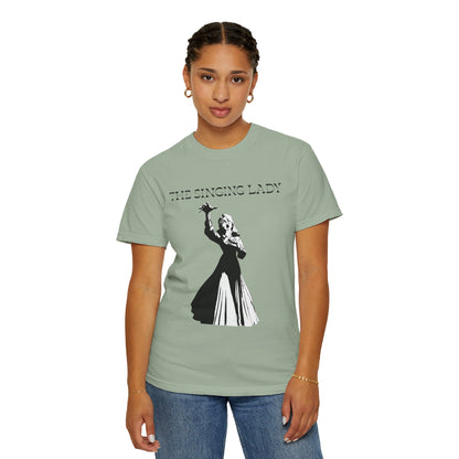 Dramatic silhouette tee on a model styled for a night out
