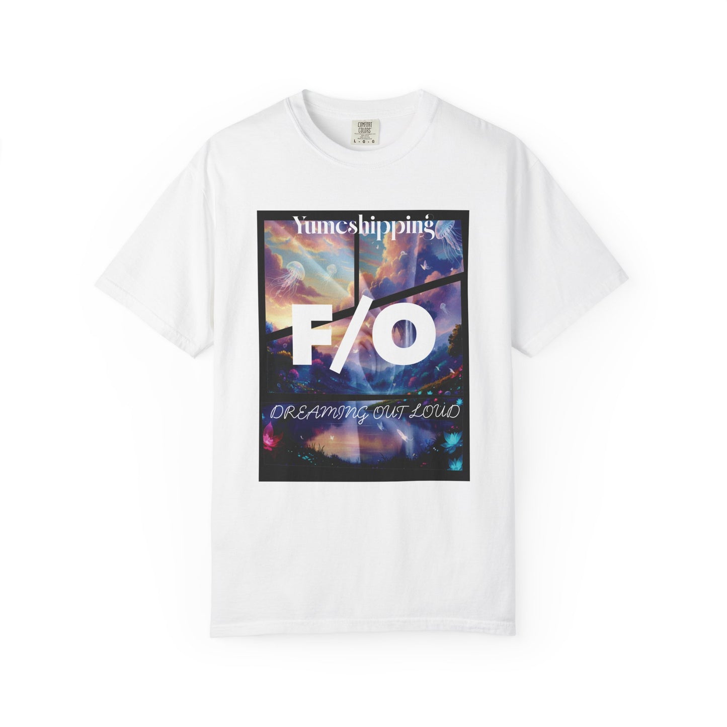 Dreaming Out Loud self-shipping shirt featuring celestial jellyfish and neon flora fantasy background

