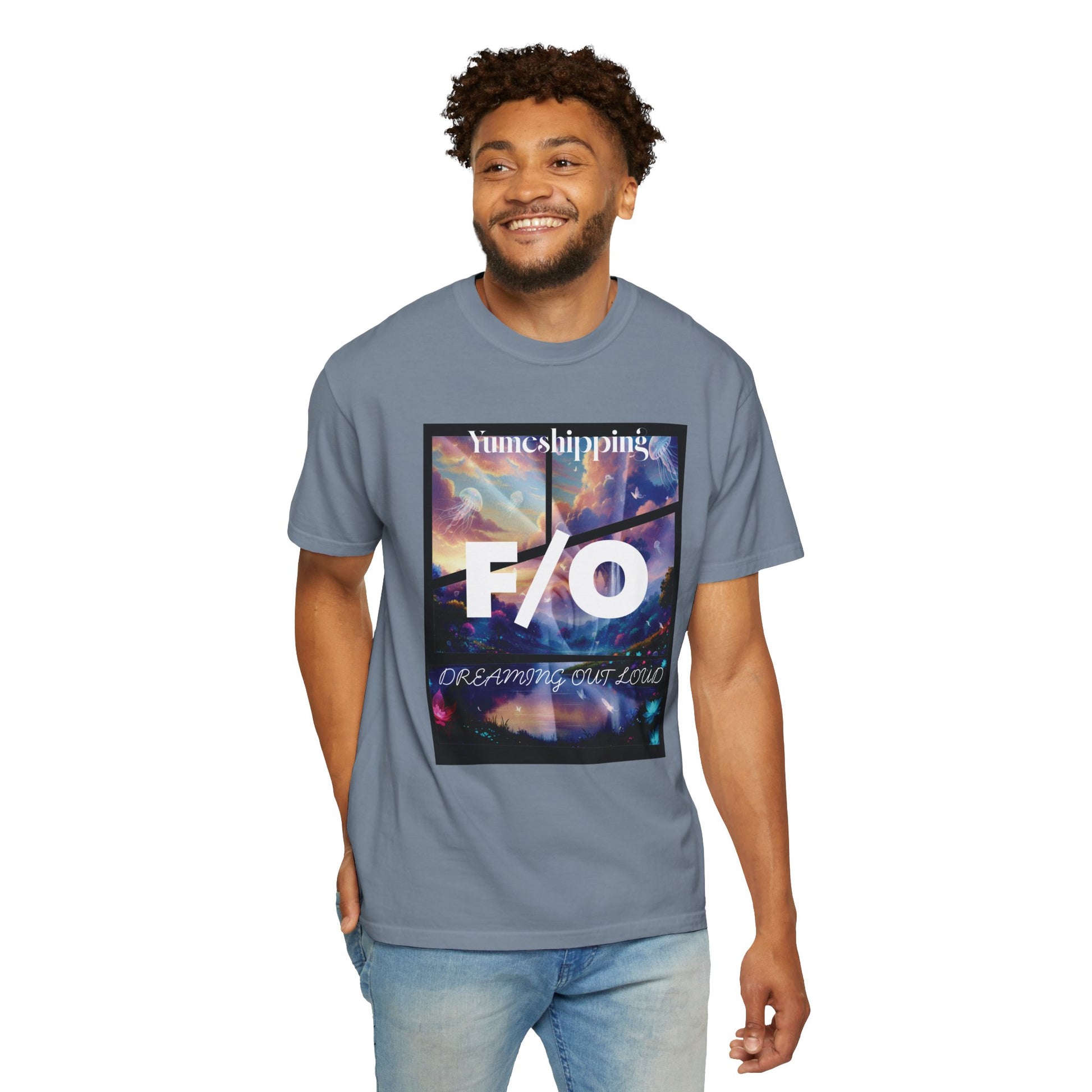 Dreaming Out Loud self-shipping shirt with high-contrast white typography on surreal night sky print