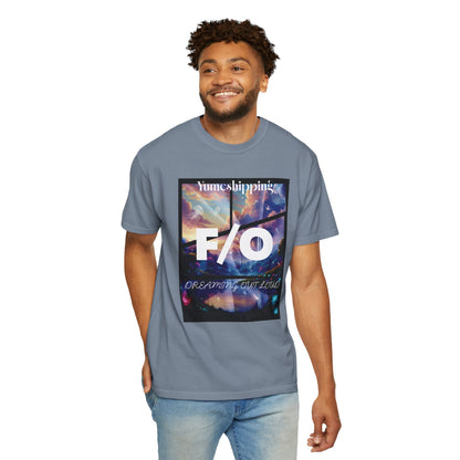 Dreaming Out Loud self-shipping shirt with high-contrast white typography on surreal night sky print
