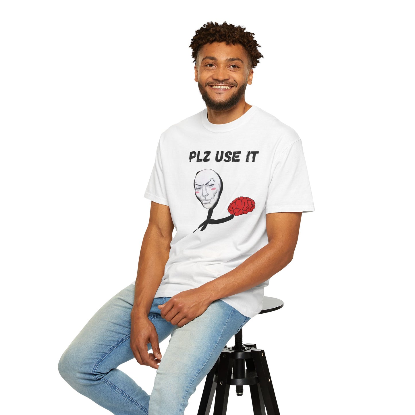Dry humor graphic t-shirt with exposed brain artwork on garment-dyed fabric