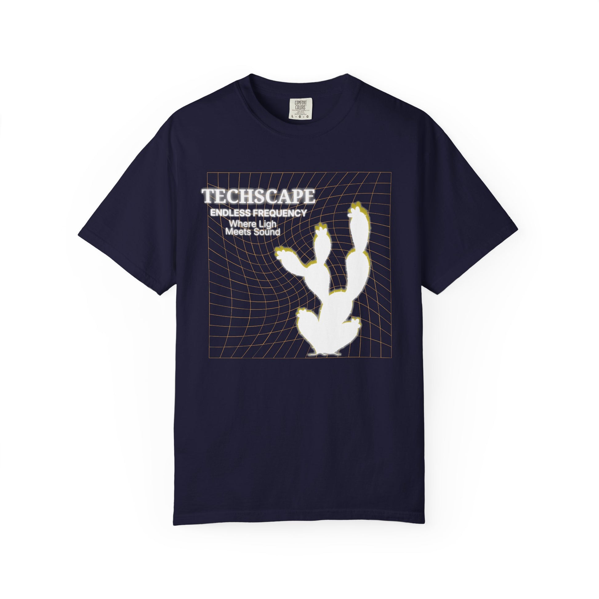 Electronic music graphic tee worn at outdoor festival, relaxed fit unisex style