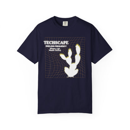 Electronic music graphic tee worn at outdoor festival, relaxed fit unisex style