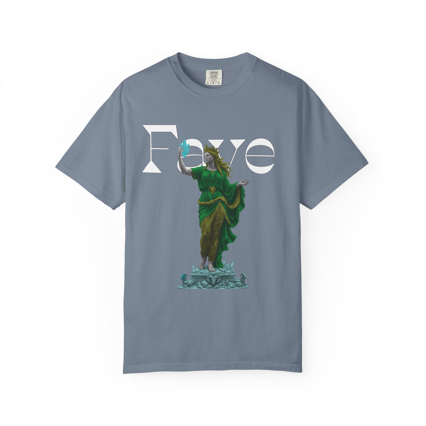 Emerald goddess art shirt close up of detailed sculptural print
