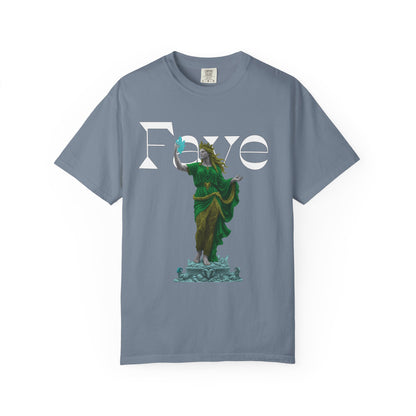 Emerald goddess art shirt close up of detailed sculptural print
